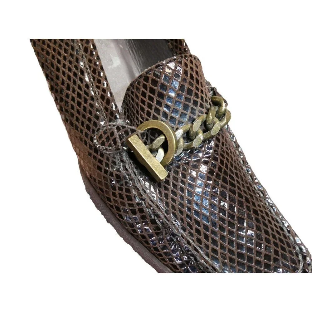 Stuart Weitzman Size 9 N Narrow Brown Serpentine Snake Print Wooden Wedges Chain - Picture 4 of 12